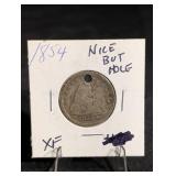 1854 United States Seated Liberty Quarter Dollar - Holed, XF 1854 United States Seated Liberty Quarter Dollar - Holed, XF