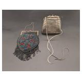 Two Vintage Beaded Evening Handbags - Black Fringe Bead Bag & Silver Ribbed Clutch Two Vintage Beaded Evening Handbags - Black Fringe Bead Bag & Silver Ribbed Clutch
