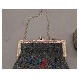 Two Vintage Beaded Evening Handbags - Black Fringe Bead Bag & Silver Ribbed Clutch Two Vintage Beaded Evening Handbags - Black Fringe Bead Bag & Silver Ribbed Clutch