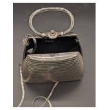 Two Vintage Beaded Evening Handbags - Black Fringe Bead Bag & Silver Ribbed Clutch Two Vintage Beaded Evening Handbags - Black Fringe Bead Bag & Silver Ribbed Clutch