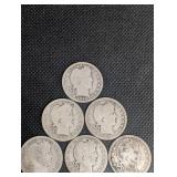 Lot Of 15 Barber Quarter Dollars 90% Silver Various Dates Lot Of 15 Barber Quarter Dollars 90% Silver Various Dates