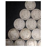 Lot Of 15 Barber Quarter Dollars 90% Silver Various Dates Lot Of 15 Barber Quarter Dollars 90% Silver Various Dates