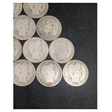 Lot Of 15 Barber Quarter Dollars 90% Silver Various Dates Lot Of 15 Barber Quarter Dollars 90% Silver Various Dates