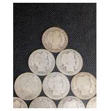 Lot Of 15 Barber Quarter Dollars 90% Silver Various Dates Lot Of 15 Barber Quarter Dollars 90% Silver Various Dates