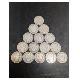 Lot Of 15 Barber Quarter Dollars 90% Silver Various Dates Lot Of 15 Barber Quarter Dollars 90% Silver Various Dates