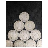 Lot Of 15 Barber Quarter Dollars 90% Silver Various Dates Lot Of 15 Barber Quarter Dollars 90% Silver Various Dates