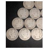 Lot Of 15 Barber Quarter Dollars 90% Silver Various Dates Lot Of 15 Barber Quarter Dollars 90% Silver Various Dates
