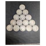Lot Of 15 Barber Quarter Dollars 90% Silver Various Dates Lot Of 15 Barber Quarter Dollars 90% Silver Various Dates