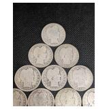 Lot Of 15 Barber Quarter Dollars 90% Silver Various Dates Lot Of 15 Barber Quarter Dollars 90% Silver Various Dates