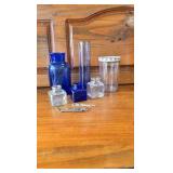 Blue Glass, Jiffy PB Jar, Tall Blue Vase, 3 Small Jars Blue Glass, Jiffy PB Jar, Tall Blue Vase, 3 Small Jars