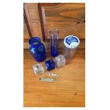 Blue Glass, Jiffy PB Jar, Tall Blue Vase, 3 Small Jars Blue Glass, Jiffy PB Jar, Tall Blue Vase, 3 Small Jars