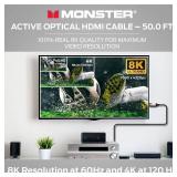 Monster Essentials Directional Fiber Optic HDMI 2.1-48 Gbps Active Optical Cable Featuring Aluminum Extrusion Connector - Supports 8K @ 60HZ, 4K @ 120HZ, Premium Certified, V-Grip, 50ft
