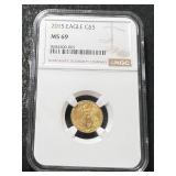 2015 AMERICAN GOLD EAGLE 1/10TH TROY OZ .999 FINE GOLD NGC MS69