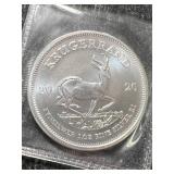 2020 S. AFRICAN KRUGERRAND 1 TROY OZ .999 FINE SILVER