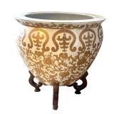 LR - Asian Style Ceramic Planter With Wooden Stand LR - Asian Style Ceramic Planter With Wooden Stand