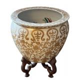 LR - Asian Style Ceramic Planter With Wooden Stand LR - Asian Style Ceramic Planter With Wooden Stand