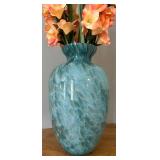 E - Turquoise Glass Vase with Faux Florals E - Turquoise Glass Vase with Faux Florals