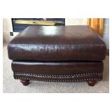O - Brown Leather Ottoman with Nailhead Trim and Wooden Feet O - Brown Leather Ottoman with Nailhead Trim and Wooden Feet