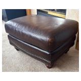 O - Brown Leather Ottoman with Nailhead Trim and Wooden Feet O - Brown Leather Ottoman with Nailhead Trim and Wooden Feet