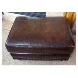 O - Brown Leather Ottoman with Nailhead Trim and Wooden Feet O - Brown Leather Ottoman with Nailhead Trim and Wooden Feet