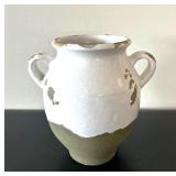 LL - Pottery Barn Vase - 9in Tall, White & Olive Ceramic, Two Handles LL - Pottery Barn Vase - 9in Tall, White & Olive Ceramic, Two Handles