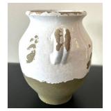 LL - Pottery Barn Vase - 9in Tall, White & Olive Ceramic, Two Handles LL - Pottery Barn Vase - 9in Tall, White & Olive Ceramic, Two Handles