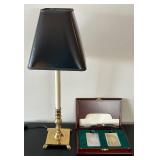 LL - Brass Table Lamp 23 in Tall - Black Shade & Wood Card Case with Cards LL - Brass Table Lamp 23 in Tall - Black Shade & Wood Card Case with Cards