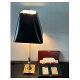 LL - Brass Table Lamp 23 in Tall - Black Shade & Wood Card Case with Cards LL - Brass Table Lamp 23 in Tall - Black Shade & Wood Card Case with Cards