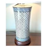 LL - Table Lamp - Blue Geometric Pattern Ceramic Base with Fabric Shade LL - Table Lamp - Blue Geometric Pattern Ceramic Base with Fabric Shade