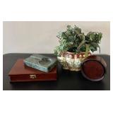 Wood Desk Box Poker Set with Cards & Pen - Marble Ashtray, Planter with Faux Greens & Leather Coasters Wood Desk Box Poker Set with Cards & Pen - Marble Ashtray, Planter with Faux Greens & Leather Coasters