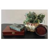Wood Desk Box Poker Set with Cards & Pen - Marble Ashtray, Planter with Faux Greens & Leather Coasters Wood Desk Box Poker Set with Cards & Pen - Marble Ashtray, Planter with Faux Greens & Leather Coasters