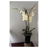 DR - White Orchid Arrangement in Black Ceramic Vase with Gold Accents DR - White Orchid Arrangement in Black Ceramic Vase with Gold Accents