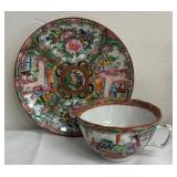 Vintage Chinese Famille Rose Medallion Porcelain Cup and Saucer, Teapot and Rice Bowl with Spoon
