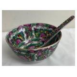 Vintage Chinese Famille Rose Medallion Porcelain Cup and Saucer, Teapot and Rice Bowl with Spoon