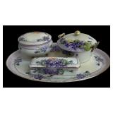 Antique Bavaria and Hand Painted Nippon Hand Painted Porcelain Tray & Lidded Trinket Dishes - Purple Pansies with Gold Trim