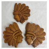 Hand-Carved Native American Chief Head Reliefs - Set of 3 Wall Decor
