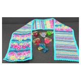 Colorful Crochet Scarf With Turquoise Border & 6 Napkin Rings Set