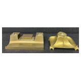 Vintage Brass Desk Inkstand with Dual Inkwells & Pounce Pot