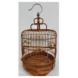 Vintage Chinese Bamboo Birdcage with Porcelain Feed Bowls
