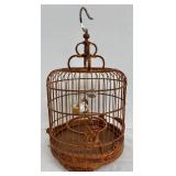 Vintage Chinese Bamboo Birdcage with Porcelain Feed Bowls