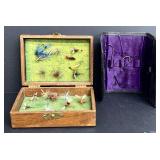 Wooden Box and Fly Box including Assortment Fishing Flies
