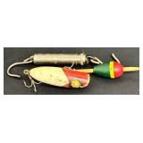 Three Vintage Fishing Lures & Silver Piece - Wood Bobber & Patent Device
