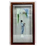 Hand Painted Geisha Frosted Glass Wood-Framed Glass Panel