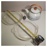 Lot of Vintage PYREX 10 inch Glass Pie Pans and Nice Enamel Kettle with Tea Ball - no dings