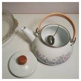 Lot of Vintage PYREX 10 inch Glass Pie Pans and Nice Enamel Kettle with Tea Ball - no dings