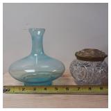 Lot of 2 UV reactive items:  exquisite antique cut glass hair receiver boasts a Victorian style and a Vintage Blue Italian Glass Decanter