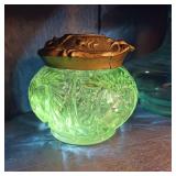 Lot of 2 UV reactive items:  exquisite antique cut glass hair receiver boasts a Victorian style and a Vintage Blue Italian Glass Decanter