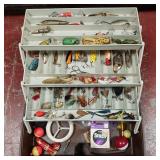 Umca 1703 - Custom Series - 3 shelf tackle box full of miscellaneous fishing lures and other supplies