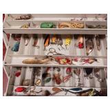 Umca 1703 - Custom Series - 3 shelf tackle box full of miscellaneous fishing lures and other supplies