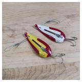 Two-piece lot of fish trap, weedless, snagless, spoon lures.